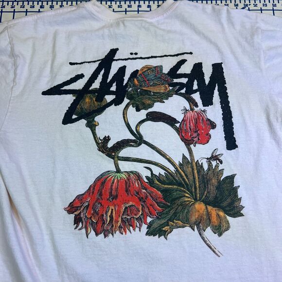 Vtg Stüssy Withered Flower Graphic T-Shirt Size Large White Pink Short Sleeve - Picture 7 of 13